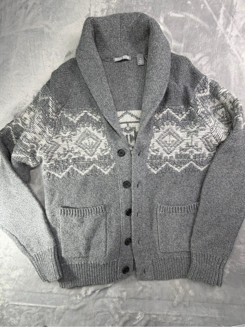 Michael Bastian Gray Shawl Collar Fair Isle Cardigan Fall Winter’s Men’s S ( M)